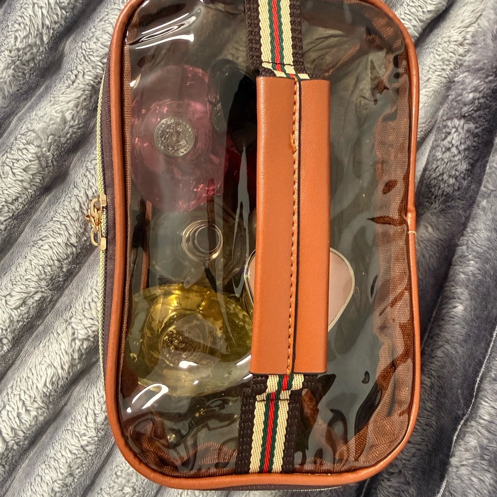 NIB Clear Brown With Red & Green Trim Cosmetic Bag - Picture 8 of 9